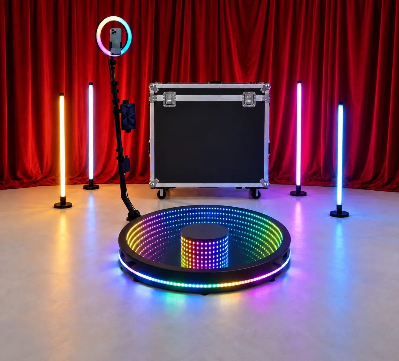 Installation complète d’un photobooth 360 avec ring light et éclairages LED